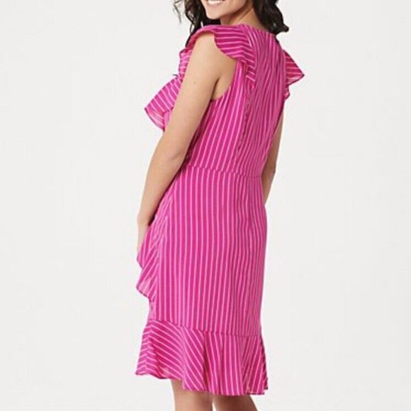 NWT DU JOUR SCOOP-NECK STRIPED RUFFLE DRESS VERY BERRY 12‎ - Picture 2 of 15